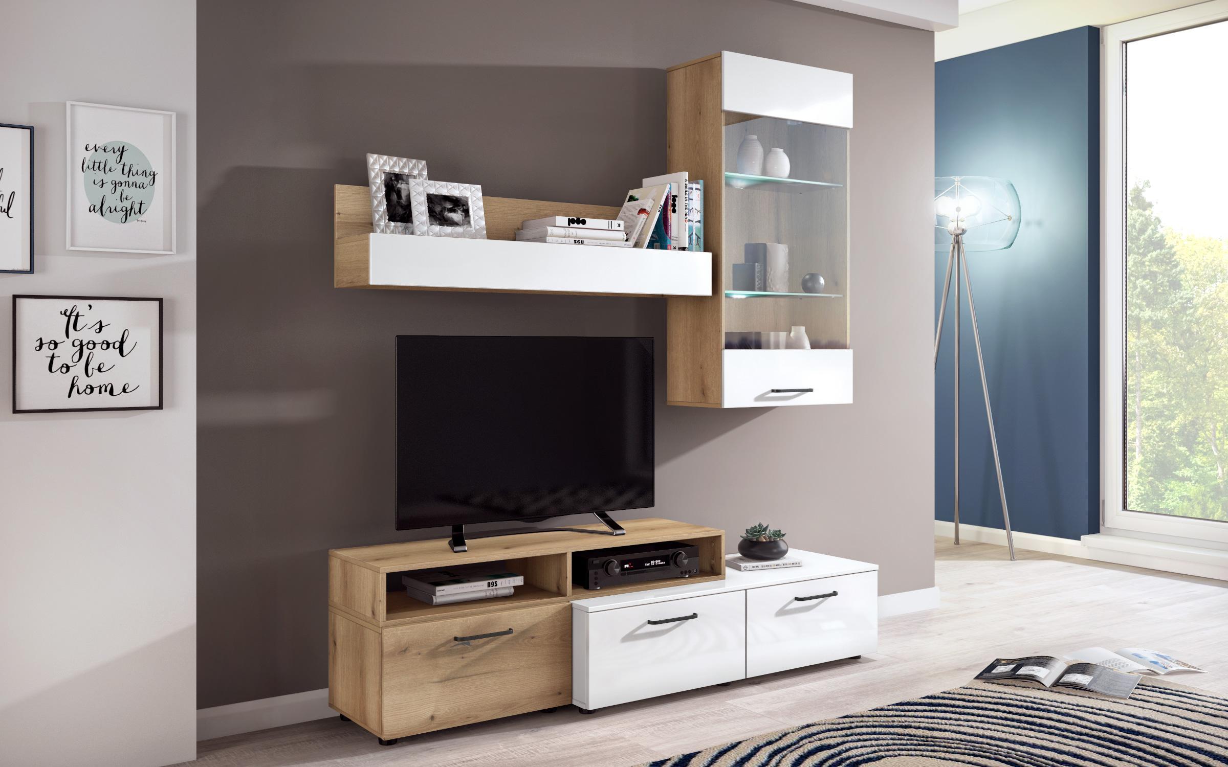 Стенка + LED-подсветка Шелли, дуб эвок + белый глянец  1